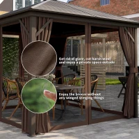 Outsunny 10' x 10' Hardtop Gazebo Canopy, Permanent Pavilion with Hook, Curtains, Aluminum Frame for Patio, Garden, Dark Brown(m-5)