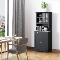 HOMCOM Freestanding 67" Kitchen Buffet with Hutch, Pantry Cabinet with Microwave Stand, Adjustable Shelf, 2 Drawers, Cupboard, Black(m-2)