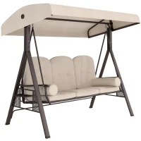 Outsunny 3-Seat Patio Swing Chair, Outdoor Porch Swing Glider with Adjustable Canopy, Removable Cushion, Pillows and Side Trays, for Garden, Poolside, Backyard, Beige(m-1)
