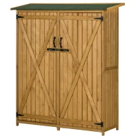 Outsunny Outdoor Storage Cabinet Wooden Garden Shed Utility Tool Organizer with Waterproof Asphalt Rood, Lockable Doors, Natural(m-11)