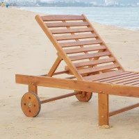 Outsunny Outdoor Folding Chaise Lounge Chair Recliner with Wheels, Acacia Wood Frame - Teak Color(m-8)