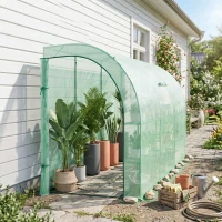 Outsunny 10' x 5' x 7' Lean to Greenhouse, Walk-In Green House, Plant Nursery with 2 Roll-up Doors and Windows, PE Cover and 3 Wire Shelves, Green(m-8)