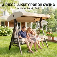 Outsunny 3-Seat Patio Swing Chair, Outdoor Porch Swing Glider with Adjustable Canopy, Removable Cushion, Pillows and Side Trays, for Garden, Poolside, Backyard, Beige(m-7)