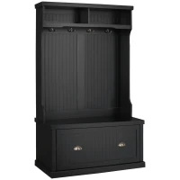 HOMCOM Entryway Bench with Coat Rack, 4 Double Hooks and 2 Compartments, Hall Tree with Bench and Shoe Storage for Hallway, Living Room, Black(m-1)