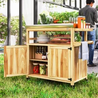 Outsunny Outdoor Grill Cart w/ Stainless Steel Top, Solid Wood Outdoor Kitchen Island w/ Wheels, Storage Cabinets, Natural Wood(m-10)