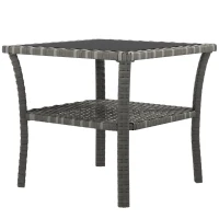 Outsunny Rattan Side Table, Outdoor End Table with Storage Shelf, Aluminum Frame Square, Coffee Table with Tempered Glass Top, Mixed Gray(m-1)