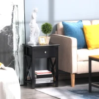 HOMCOM Farmhouse Side Table, End Table with Storage Drawer, Open Shelf and X-Frame, Bedside Table for Living Room, Black(m-2)