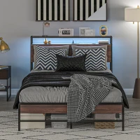 HOMCOM Full Size Bed Frame with LED Lights and Charging Station, Full Bed Frame with Storage Headboard, Noise-Free, Walnut(m-8)