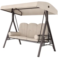 Outsunny 3-Seat Patio Swing Chair, Outdoor Porch Swing Glider with Adjustable Canopy, Removable Cushion, Pillows and Side Trays, for Garden, Poolside, Backyard, Beige(m-11)