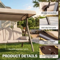 Outsunny 3-Seat Patio Swing Chair, Outdoor Porch Swing Glider with Adjustable Canopy, Removable Cushion, Pillows and Side Trays, for Garden, Poolside, Backyard, Beige(m-5)
