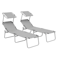 Outsunny 2 Pieces Outdoor Lounge Chair, Adjustable Folding Chaise Lounge, Tanning Chair with Sun Shade for Beach, Camping, Hiking, Backyard, Light Grey(m-9)