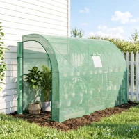 Outsunny 10' x 5' x 7' Lean to Greenhouse, Walk-In Green House, Plant Nursery with 2 Roll-up Doors and Windows, PE Cover and 3 Wire Shelves, Green(m-2)