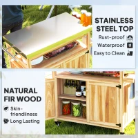 Outsunny Outdoor Grill Cart w/ Stainless Steel Top, Solid Wood Outdoor Kitchen Island w/ Wheels, Storage Cabinets, Natural Wood(m-4)