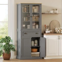 HOMCOM 72" Freestanding Kitchen Pantry Cabinet, Tall Storage Cabinet with Glass Doors, Drawer and Adjustable Shelves for Dining Room, Grey(m-2)