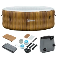 Outsunny 4 Person Inflatable Hot Tub, Outdoor Round Portable Spa with 108 Heated Air Jets, Cover, Pump, 2 Filter Cartridges, Faux Wood(m-11)