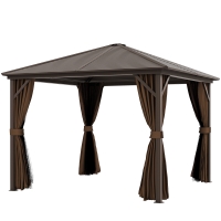 Outsunny 10' x 10' Hardtop Gazebo Canopy, Permanent Pavilion with Hook, Curtains, Aluminum Frame for Patio, Garden, Dark Brown