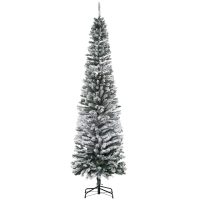 HOMCOM 7.5ft Flocked Christmas Tree, Pencil Artificial Xmas Tree with Faux Snow, Dense Branches, Foldable Metal Base for Indoor Holiday Decor