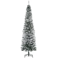 HOMCOM 7.5ft Flocked Christmas Tree, Pencil Artificial Xmas Tree with Faux Snow, Dense Branches, Foldable Metal Base for Indoor Holiday Decor(m-1)