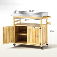 Outsunny Outdoor Grill Cart w/ Stainless Steel Top, Solid Wood Outdoor Kitchen Island w/ Wheels, Storage Cabinets, Natural Wood(m-3)
