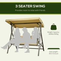 Outsunny 3-Seat Patio Swing Chair, Porch Swing Glider with Cushion, 3 Throw Pillows & Adjustable Canopy for Porch, Garden, Poolside, Backyard, Khaki(m-4)