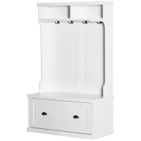 HOMCOM Entryway Bench with Coat Rack, 4 Double Hooks and 2 Compartments, Hall Tree with Bench and Shoe Storage for Hallway, Living Room, White(m-11)