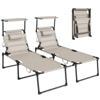Outsunny 2 Pcs Outdoor Lounge Chair, 4 Position Adjustable Backrest, Folding, Cushioned w/ Sun Shade Roof & Pillow, Cream White(m-11)