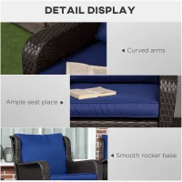 Outsunny 2 Piece Outdoor Wicker Rocking Chairs, Rattan Rockers with Cushions, Steel Frame for Patio, Garden, Backyard, Dark Blue(m-6)