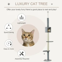 PawHut 100" Cat Tree Height Adjustable Floor-to-Ceiling 4-Tier Kitty Climbing Activity Center Condo Cat Toy with Scratching Post Hanging Balls Play Rest Post Pet Furniture Grey(m-4)