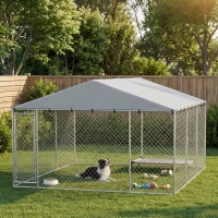 PawHut 13' x 13' x 6.5' Dog Kennel Outdoor for Small Medium Dogs with Waterproof Roof, Silver(m-8)