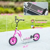 Qaba Kids Scooter, Lightweight Scooter with Adjustable Handlebar, Rear Brake, Kickstand, 12" EVA Wheels, for 5-12 Y, Pink(m-3)