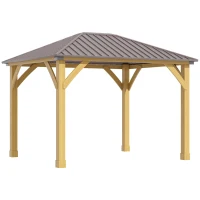 Outsunny 10' x 12' Hardtop Gazebo with Galvanized Steel Roof, Wooden Frame, Permanent Pavilion Outdoor Gazebo Canopy, for Patio, Garden, Backyard, Deck, Lawn, Brown(m-1)