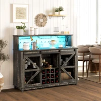 HOMCOM 55" Coffee Bar Cabinet with Lights, Farmhouse Wine Cabinet with Wine and Glass Racks for Kitchen, Dining Room, Brown(m-3)