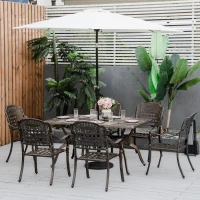 Outsunny 7-Piece Patio Dining Set, Cast Aluminum Outdoor Furniture Set with 6 Armchairs, 1 Table and Umbrella Hole, Bronze(m-2)