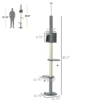 PawHut 100" Cat Tree Height Adjustable Floor-to-Ceiling 4-Tier Kitty Climbing Activity Center Condo Cat Toy with Scratching Post Hanging Balls Play Rest Post Pet Furniture Grey(m-3)