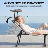 Outsunny 2 Pcs Outdoor Lounge Chair, 4 Position Adjustable Backrest, Folding, Cushioned w/ Sun Shade Roof & Pillow, Cream White(m-5)