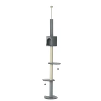 PawHut 100" Cat Tree Height Adjustable Floor-to-Ceiling 4-Tier Kitty Climbing Activity Center Condo Cat Toy with Scratching Post Hanging Balls Play Rest Post Pet Furniture Grey(m-1)