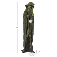 Outsunny 74" Life Size Outdoor Halloween Decorations Talking Zombie Witch, Animated Prop with Sound and Motion Activated Light Up Eyes and Multicolored Crystal Ball, Green(m-4)