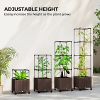 Outsunny Raised Garden Bed with Trellis, Tomato Cage with Lockable Wheels, Self Watering Planter Box with Drainage Holes, Brown(m-5)
