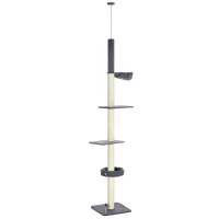 PawHut Floor To Ceiling Cat Tree, 5-Tier Cat Climbing Tower, 95''-106'' Height Adjustable with Carpeted Platforms, Cozy Bed(m-11)
