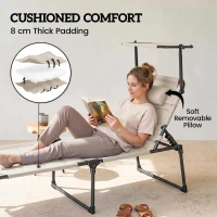 Outsunny 2 Pcs Outdoor Lounge Chair, 4 Position Adjustable Backrest, Folding, Cushioned w/ Sun Shade Roof & Pillow, Cream White(m-4)