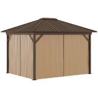 Outsunny 10' x 12' Hardtop Gazebo with Curtains and Netting, Permanent Pavilion Metal Single Roof Gazebo Canopy with Aluminum Frame and Hooks, for Garden, Patio, Backyard, Brown(m-11)