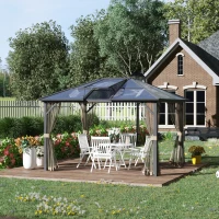 Outsunny 10' x 12' Hardtop Gazebo Canopy with Polycarbonate Roof, Aluminum Frame, Permanent Pavilion Outdoor Gazebo with Netting, for Patio, Garden, Backyard, Deck, Lawn, Gray, Brown(m-2)