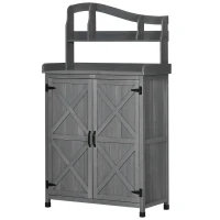 Outsunny Outdoor Storage Cabinet & Potting Table, Wooden Gardening Bench with Patio Cabinet and Magnetic Doors, Grey(m-11)