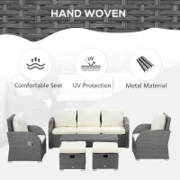 Outsunny 6-Piece Outdoor Rattan Patio Sectional Sofa Set with 3-Seat Couch, 2 Recliners, 2 Ottoman Footrests, & Coffee Table Conversation Set, Cream White(m-4)