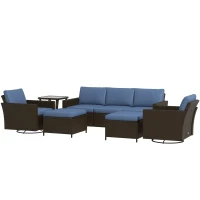 Outsunny 6-Piece Rattan Patio Furniture Set with 3-Seater Sofa, Swivel Rocking Chairs, Footstools, 2 Tier Table, Deep Coffee(m-1)