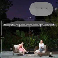 Outsunny Garden Parasol 14.4ft Double-Sided Sun Umbrella with Base, Patio Parasol with LED Solar Lights, Gray(m-3)