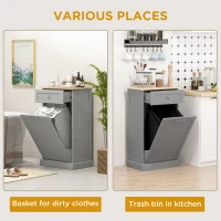 HOMCOM 10 Gallon Tilt Out Trash Cabinet, Wooden Hidden Trash Can with Storage Drawer for Kitchen, Laundry Hamper Cabinet for Bathroom, Gray(m-6)