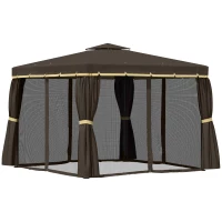 Outsunny 9.7' x 9.7' Patio Gazebo, Aluminum Frame Double Roof Outdoor Gazebo Canopy Shelter with Netting & Curtains, for Garden, Lawn, Backyard and Deck, Coffee(m-11)