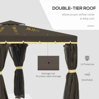 Outsunny 9.7' x 9.7' Patio Gazebo, Aluminum Frame Double Roof Outdoor Gazebo Canopy Shelter with Netting & Curtains, for Garden, Lawn, Backyard and Deck, Coffee(m-4)