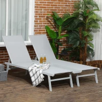 Outsunny Chaise Lounge Pool Chairs Set of 2, Aluminum Outdoor Sun Tanning Chairs with Five-Position Reclining Back, Shelf & Breathable Mesh for Beach, Yard, Patio, Light Gray(m-2)
